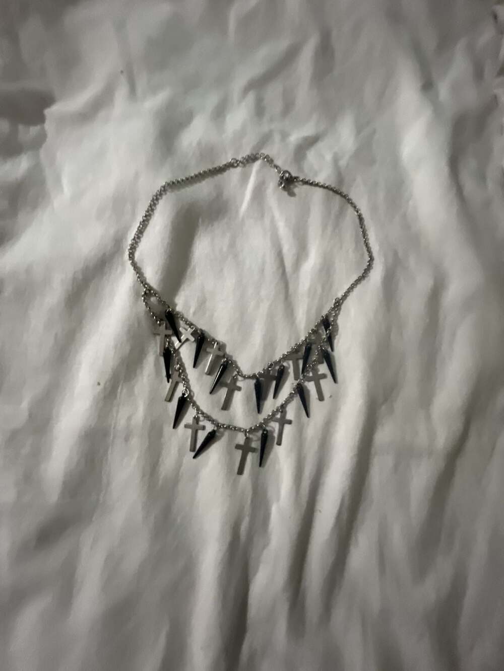 Punk Cross And Spike Double Chain Necklace Silver Gothic Y2K
